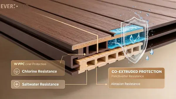WPC Pool Decking Co-extruded Shell Everdur Chlorine Saltwater Resistance WPC Pool Decking Co-extruded Shell Everdur Chlorine Saltwater Resistance